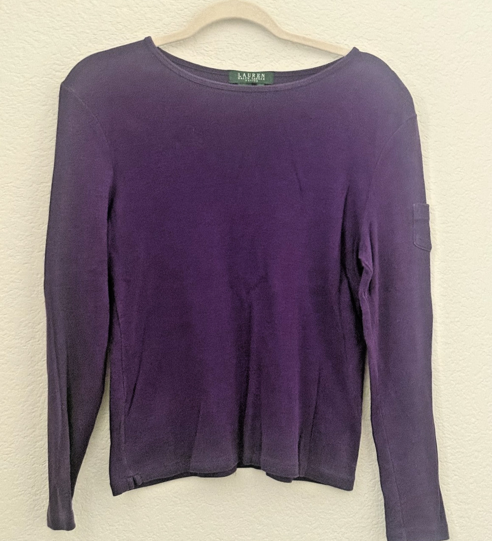 Lauren Ralph Lauren Women's Purple Petite Top Crew Neck 100% Cotton Minimalist